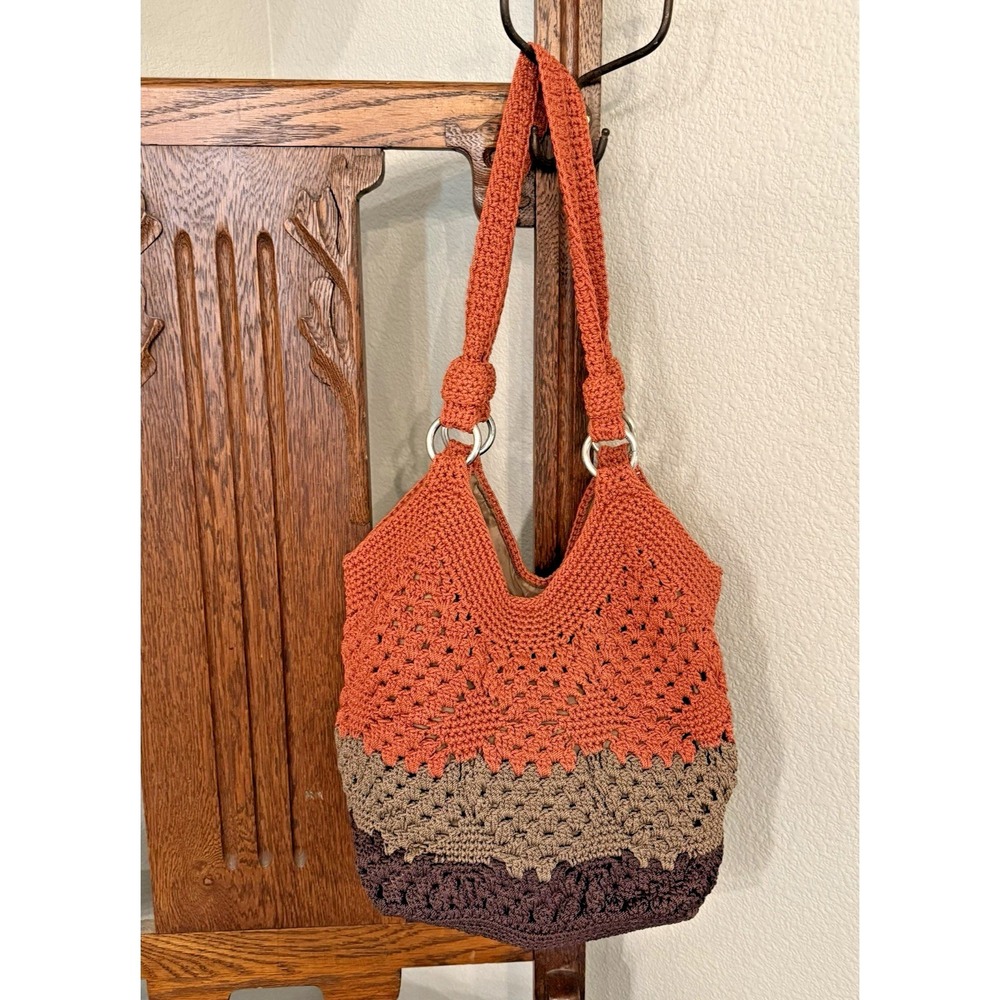 VTG The Sak Crochet Hobo Bag Burnt Orange Brown Knit Boho Y2K Shoulder Bag RARE